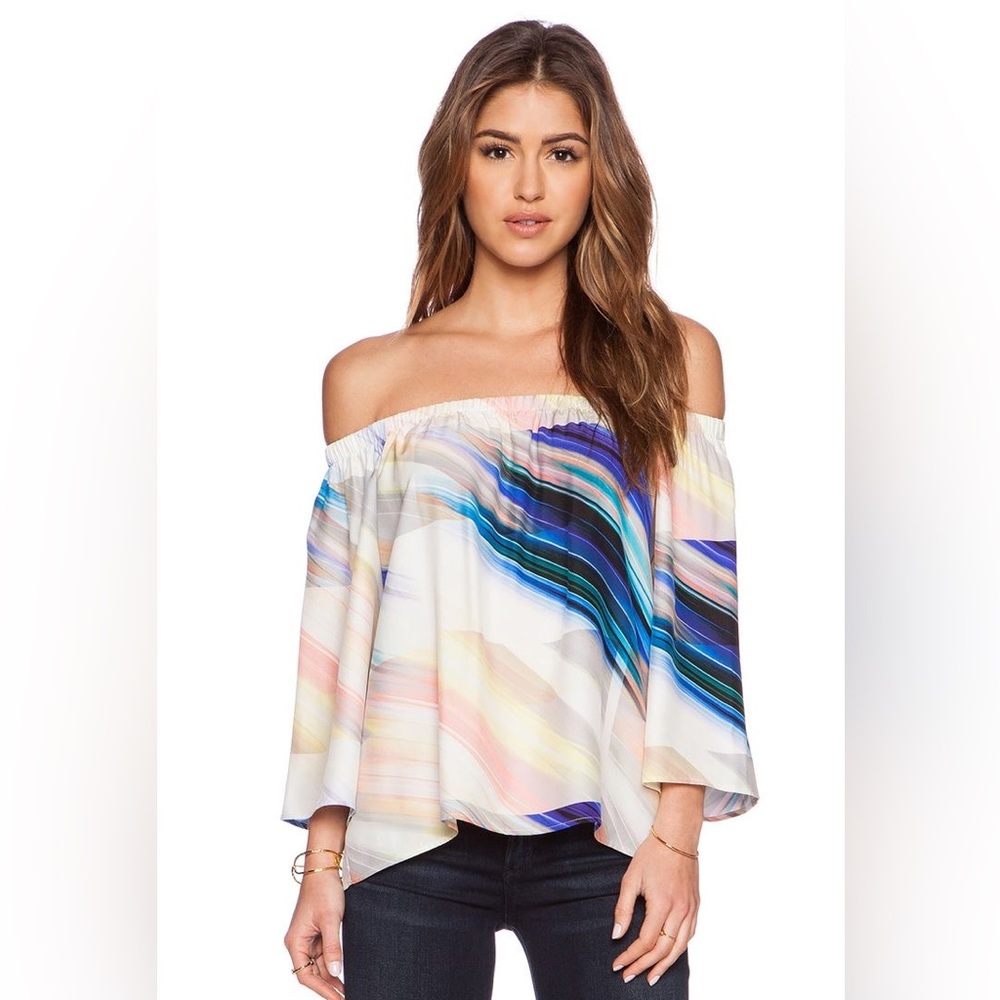 Amanda Uprichard Nirvana Multicolor Whisper Print Silk Off Shoulder Blouse Top